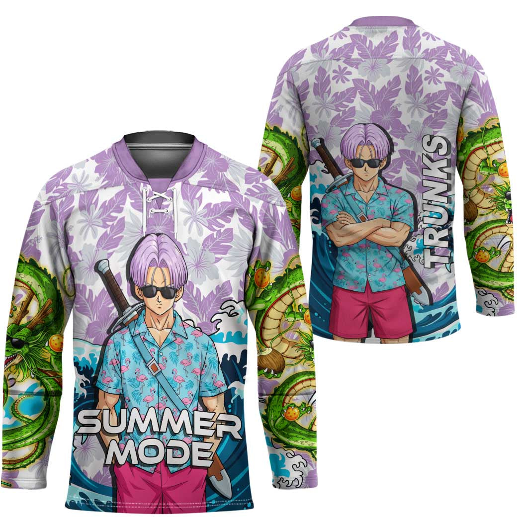 Trunks Dragon Ball Summer Theme Hockey Jersey with Sword Floral Shirt Sunglasses Shenron and Ocean Wave Background - The Mazicc