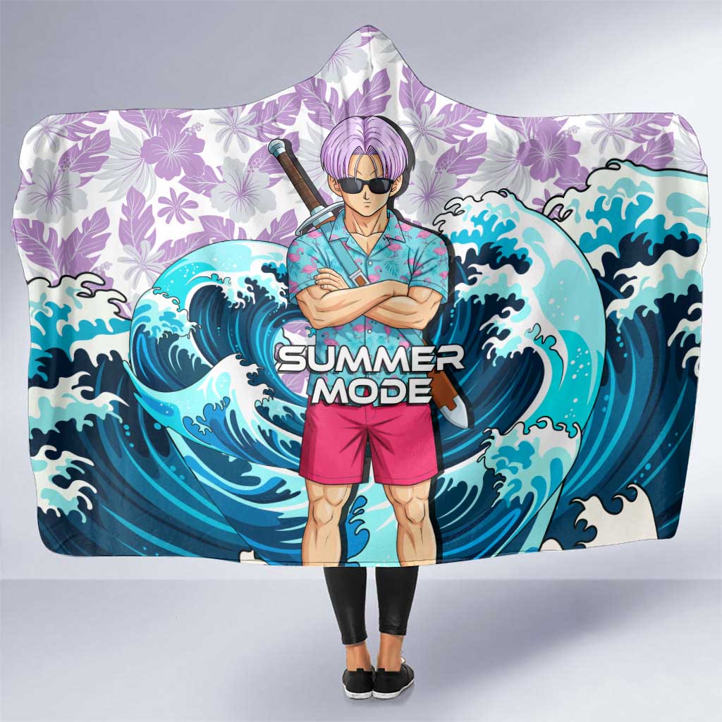 Trunks Dragon Ball Summer Theme Hooded Blanket with Sword Floral Shirt Sunglasses Shenron and Ocean Wave Background - The Mazicc