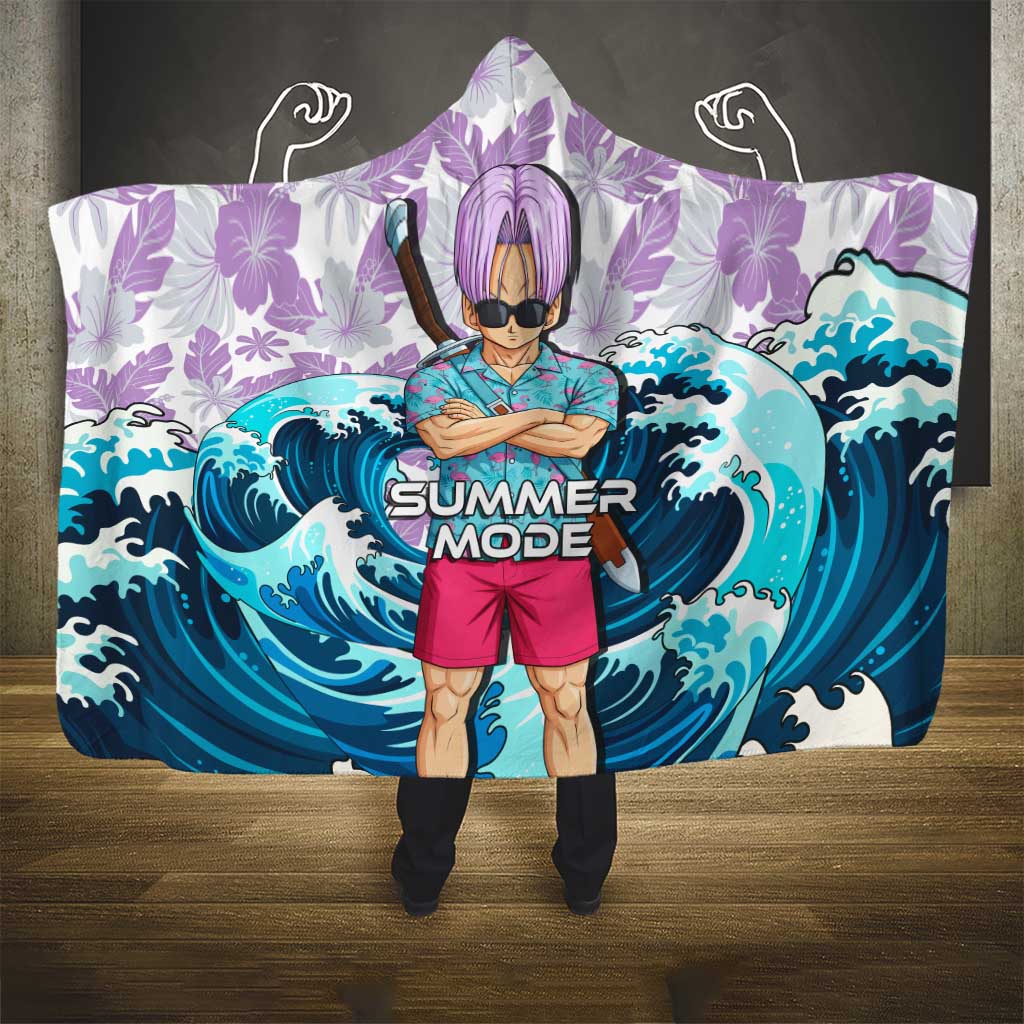 Trunks Dragon Ball Summer Theme Hooded Blanket with Sword Floral Shirt Sunglasses Shenron and Ocean Wave Background - The Mazicc