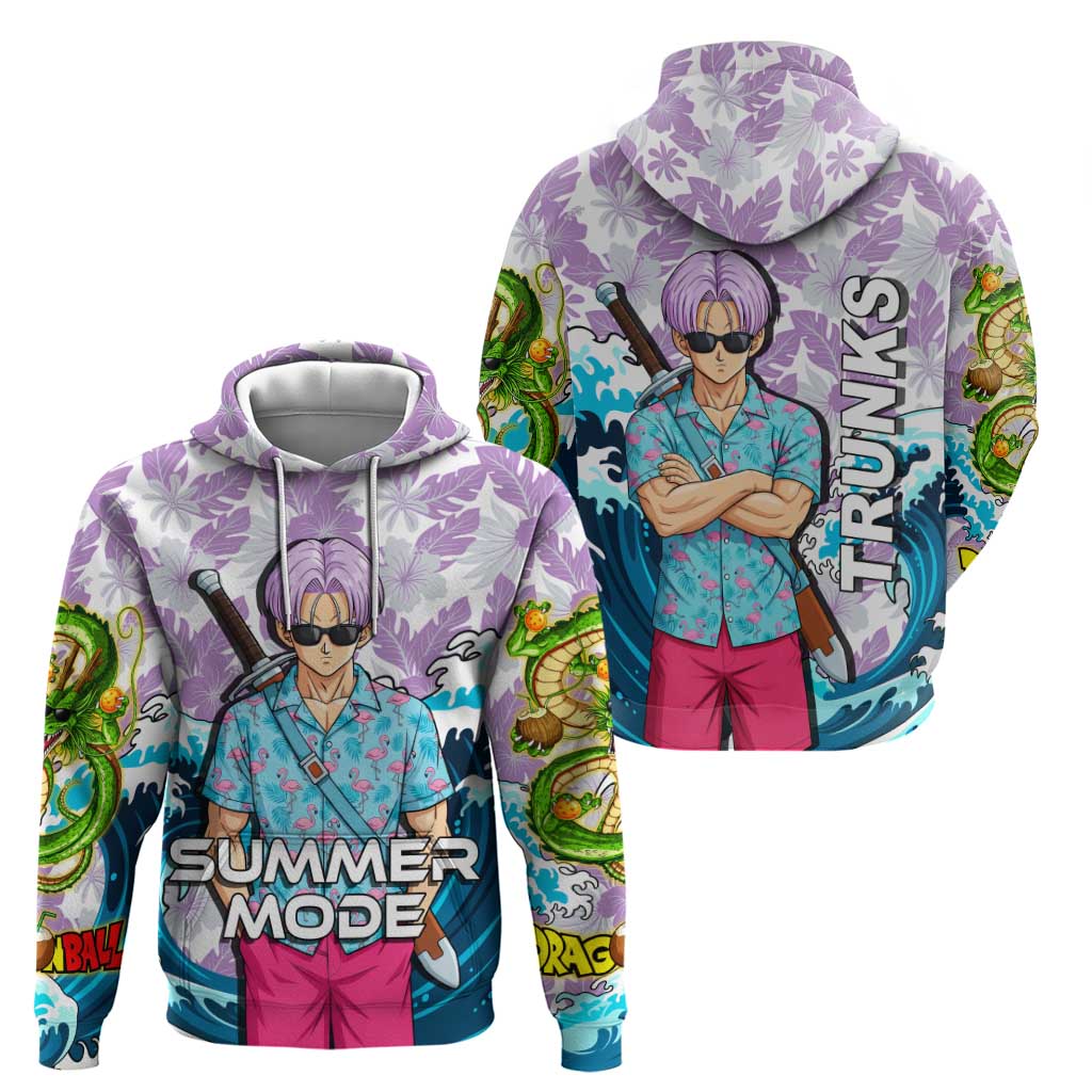 Trunks Dragon Ball Summer Theme Hoodie with Sword Floral Shirt Sunglasses Shenron and Ocean Wave Background - The Mazicc