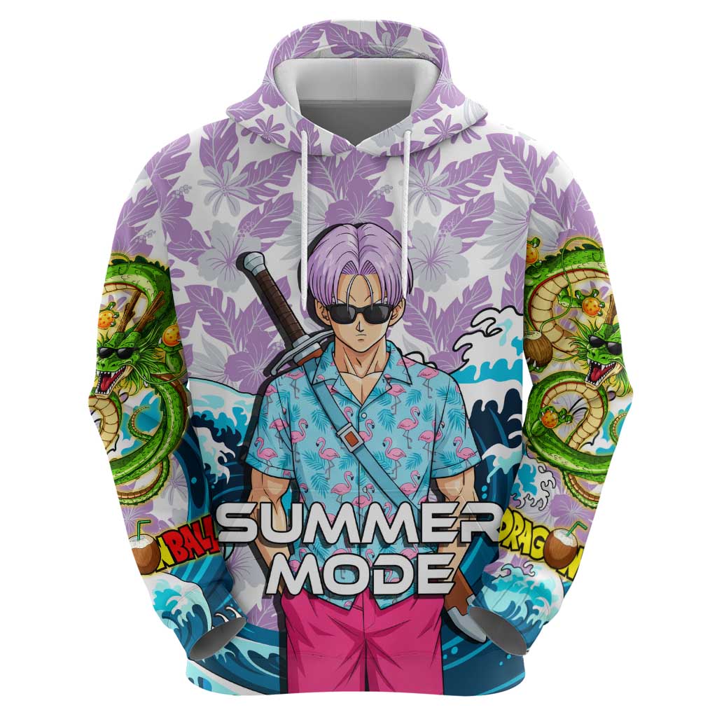 Trunks Dragon Ball Summer Theme Hoodie with Sword Floral Shirt Sunglasses Shenron and Ocean Wave Background - The Mazicc