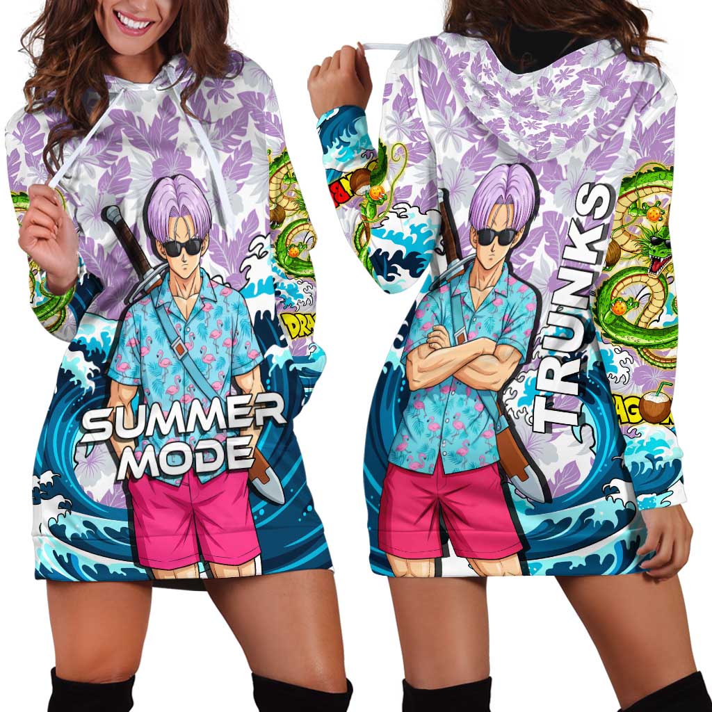 Trunks Dragon Ball Summer Theme Hoodie Dress with Sword Floral Shirt Sunglasses Shenron and Ocean Wave Background - The Mazicc