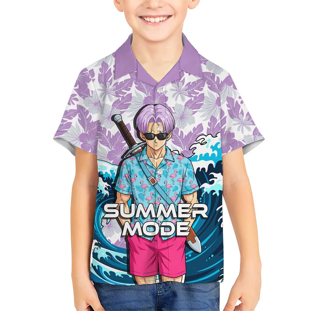 Trunks Dragon Ball Summer Theme Kid Hawaiian Shirt with Sword Floral Shirt Sunglasses Shenron and Ocean Wave Background - The Mazicc