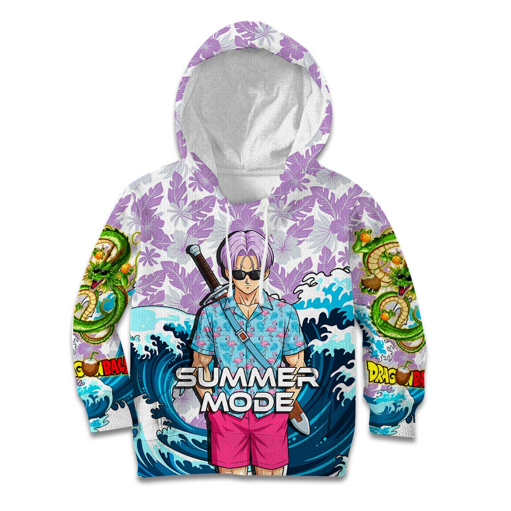 Trunks Dragon Ball Summer Theme Kid Hoodie with Sword Floral Shirt Sunglasses Shenron and Ocean Wave Background - The Mazicc