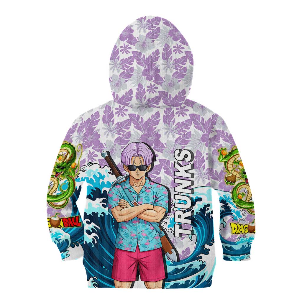 Trunks Dragon Ball Summer Theme Kid Hoodie with Sword Floral Shirt Sunglasses Shenron and Ocean Wave Background - The Mazicc
