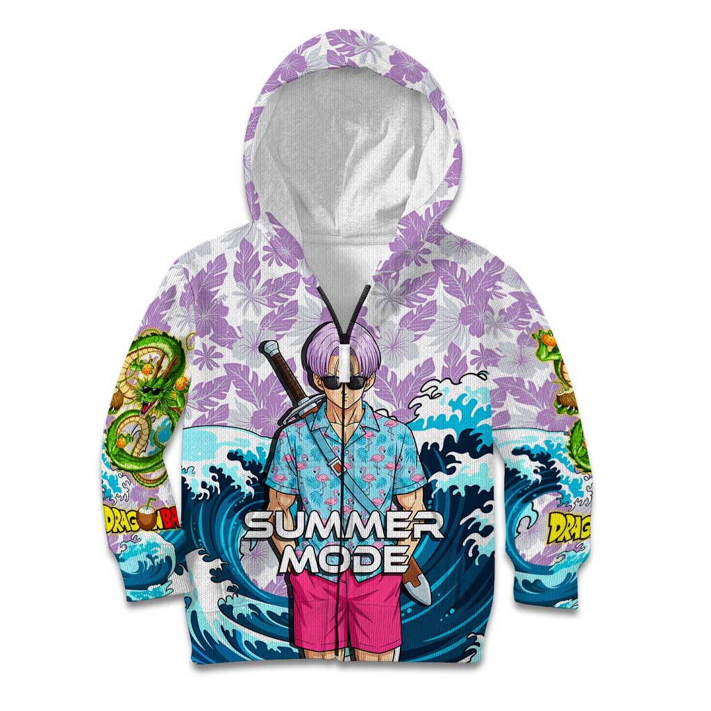 Trunks Dragon Ball Summer Theme Kid Hoodie with Sword Floral Shirt Sunglasses Shenron and Ocean Wave Background - The Mazicc