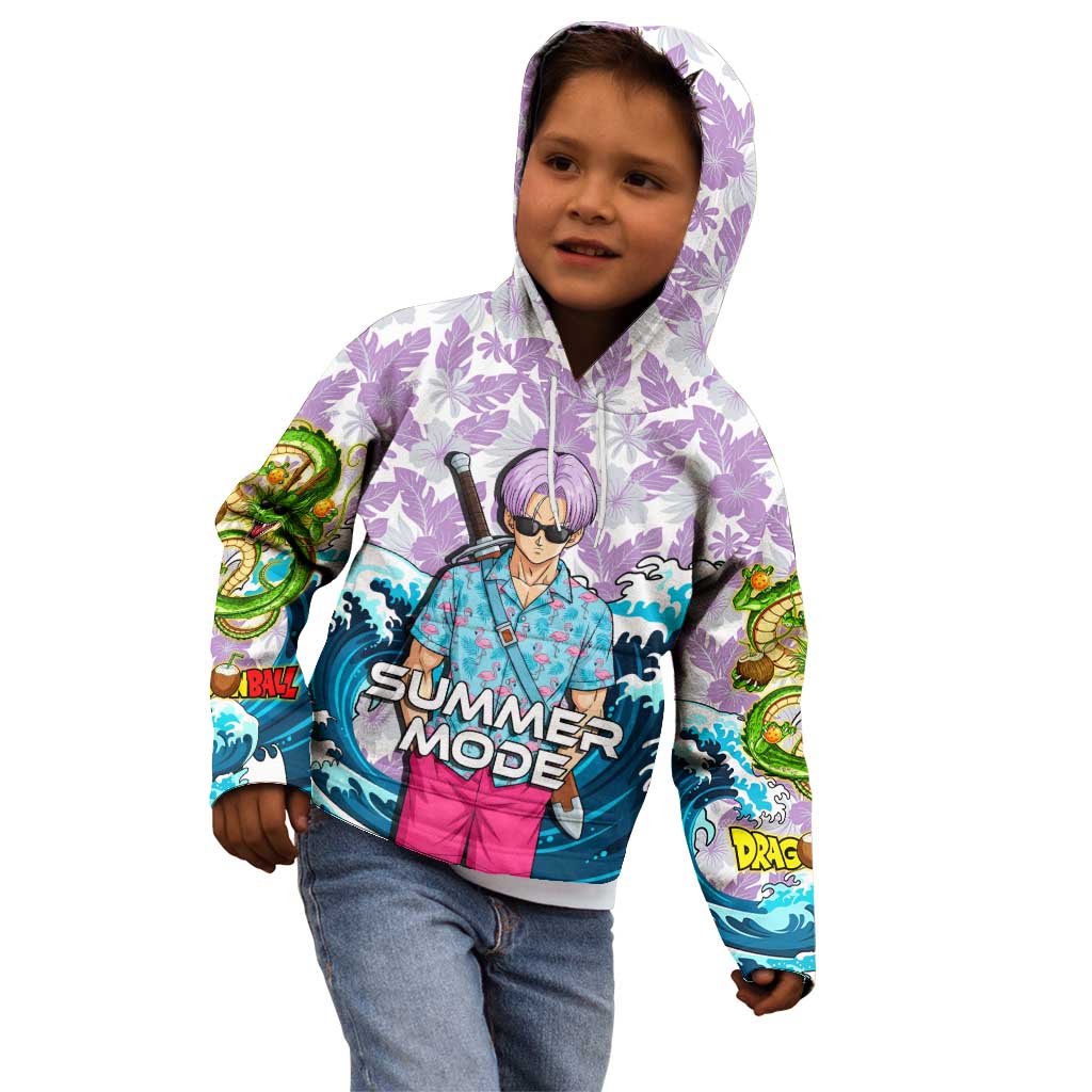Trunks Dragon Ball Summer Theme Kid Hoodie with Sword Floral Shirt Sunglasses Shenron and Ocean Wave Background - The Mazicc