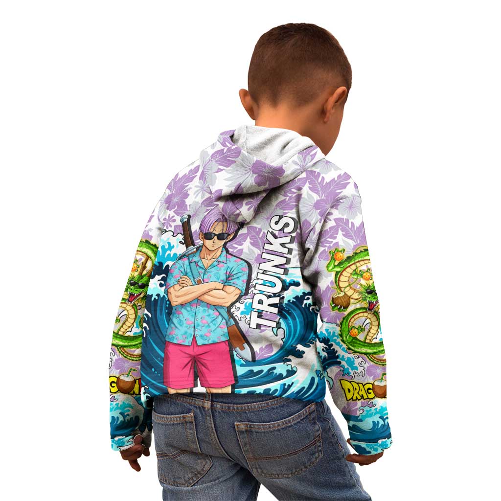 Trunks Dragon Ball Summer Theme Kid Hoodie with Sword Floral Shirt Sunglasses Shenron and Ocean Wave Background - The Mazicc