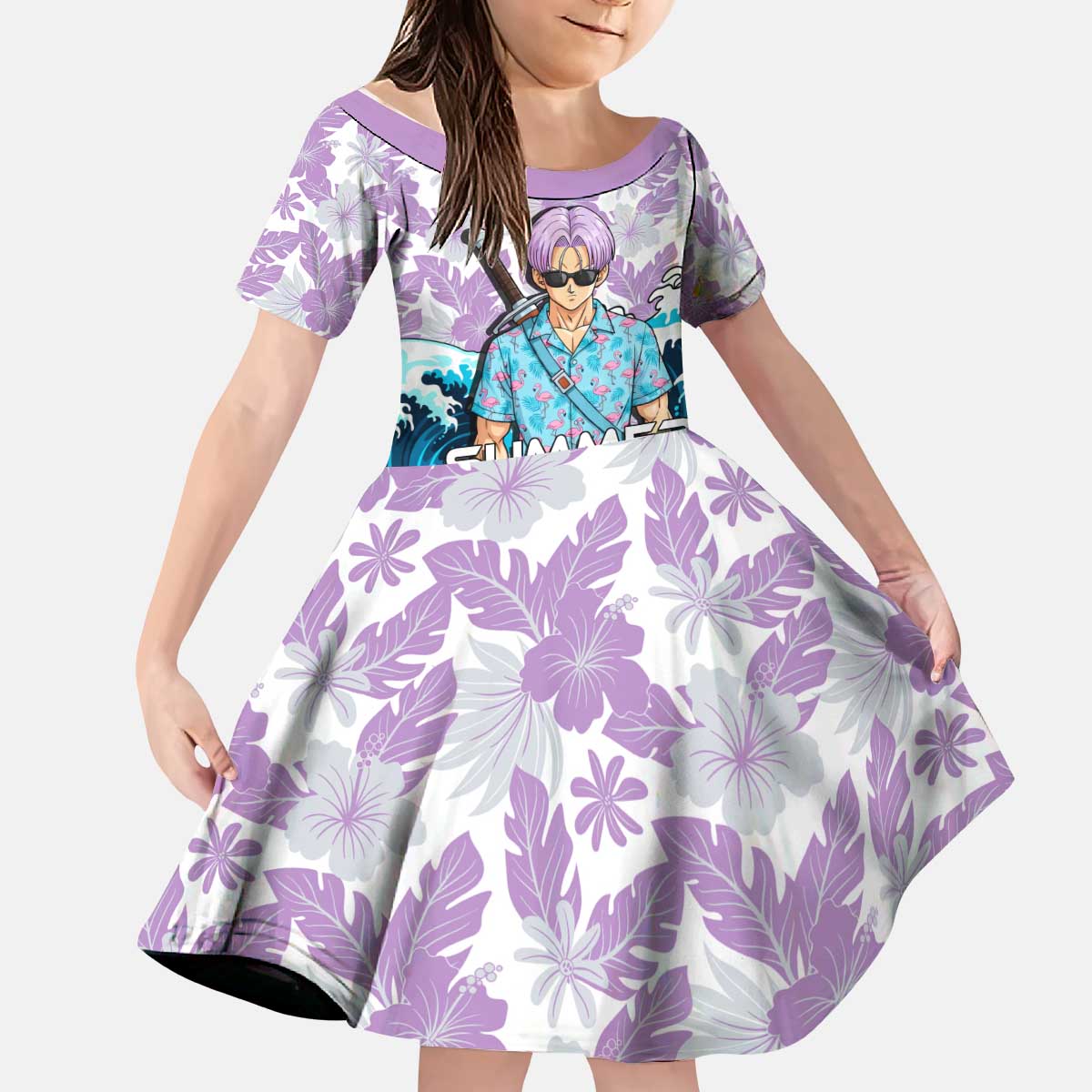 Trunks Dragon Ball Summer Theme Kid Short Sleeve Dress with Sword Floral Shirt Sunglasses Shenron and Ocean Wave Background - The Mazicc