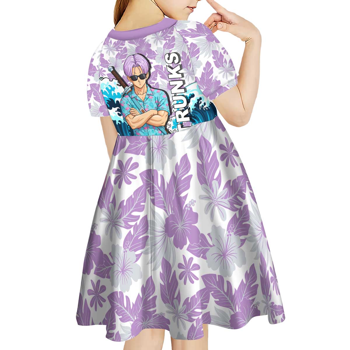 Trunks Dragon Ball Summer Theme Kid Short Sleeve Dress with Sword Floral Shirt Sunglasses Shenron and Ocean Wave Background - The Mazicc