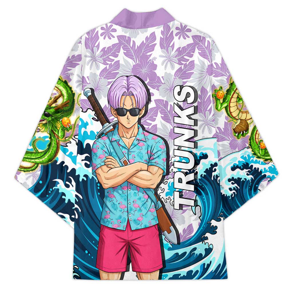 Trunks Dragon Ball Summer Theme Kimono with Sword Floral Shirt Sunglasses Shenron and Ocean Wave Background - The Mazicc