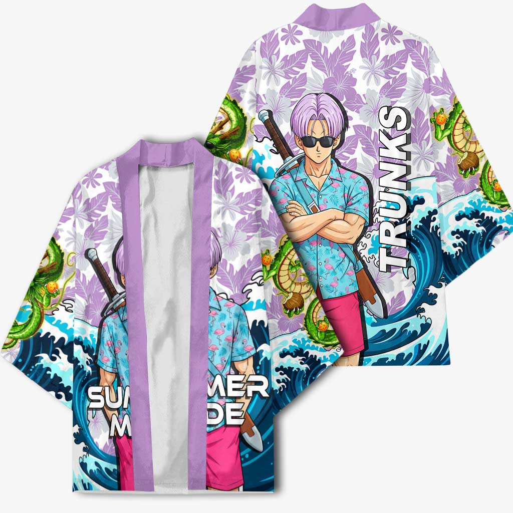 Trunks Dragon Ball Summer Theme Kimono with Sword Floral Shirt Sunglasses Shenron and Ocean Wave Background - The Mazicc