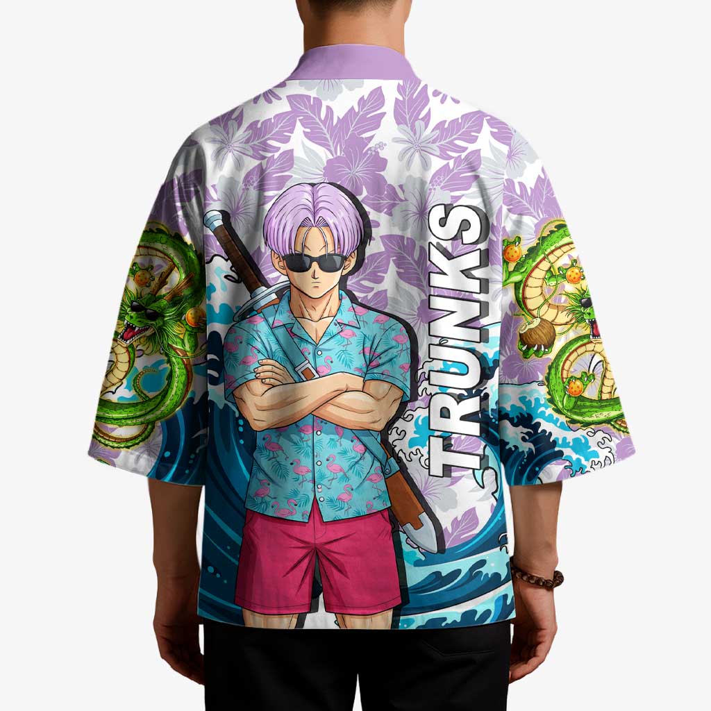 Trunks Dragon Ball Summer Theme Kimono with Sword Floral Shirt Sunglasses Shenron and Ocean Wave Background - The Mazicc