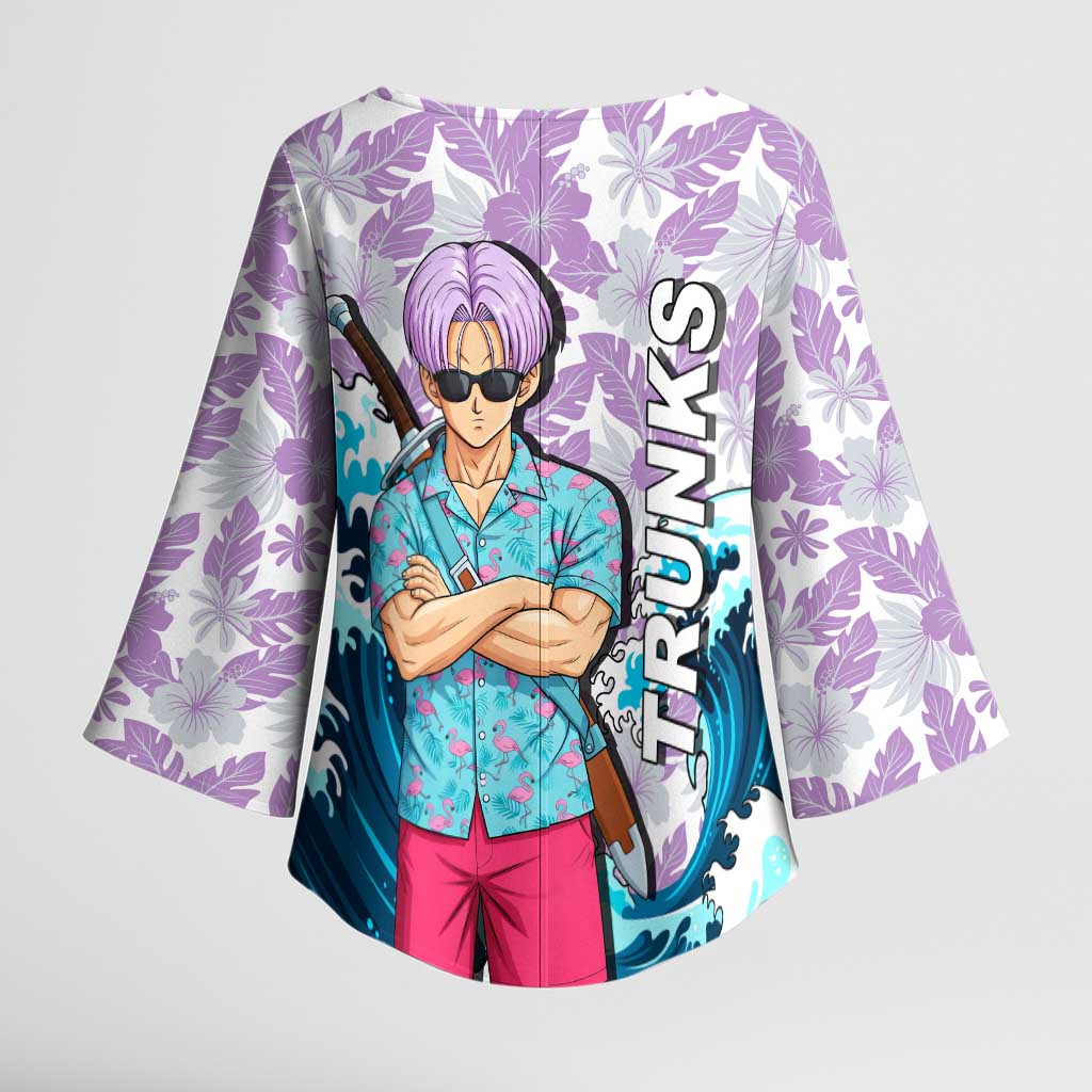 Trunks Dragon Ball Summer Theme Kimono Sleeve Blouse with Sword Floral Shirt Sunglasses Shenron and Ocean Wave Background - The Mazicc