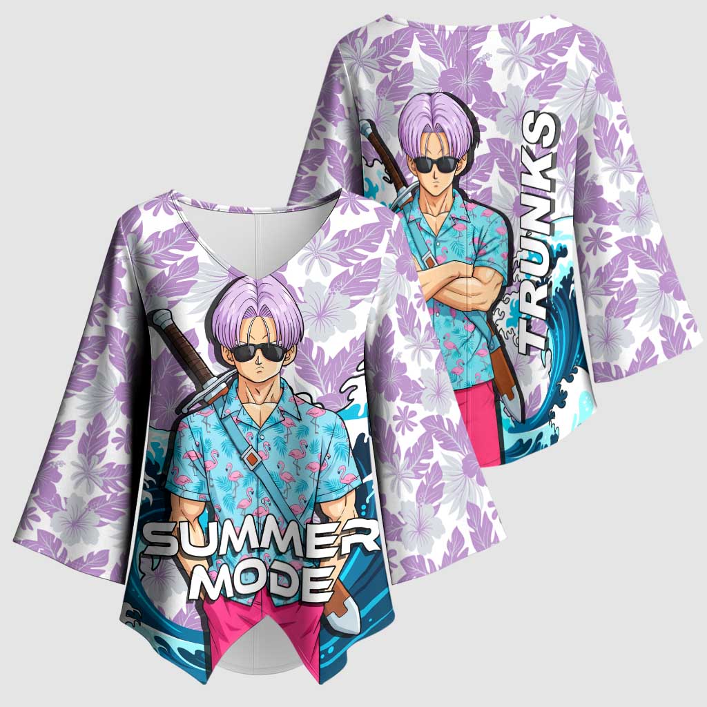 Trunks Dragon Ball Summer Theme Kimono Sleeve Blouse with Sword Floral Shirt Sunglasses Shenron and Ocean Wave Background - The Mazicc