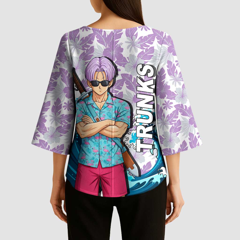 Trunks Dragon Ball Summer Theme Kimono Sleeve Blouse with Sword Floral Shirt Sunglasses Shenron and Ocean Wave Background - The Mazicc