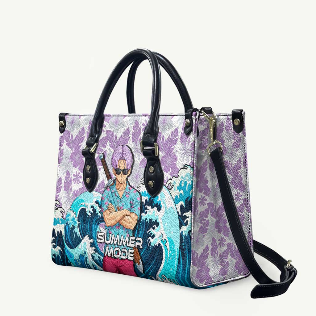 Trunks Dragon Ball Summer Theme Leather Bag with Sword Floral Shirt Sunglasses Shenron and Ocean Wave Background - The Mazicc