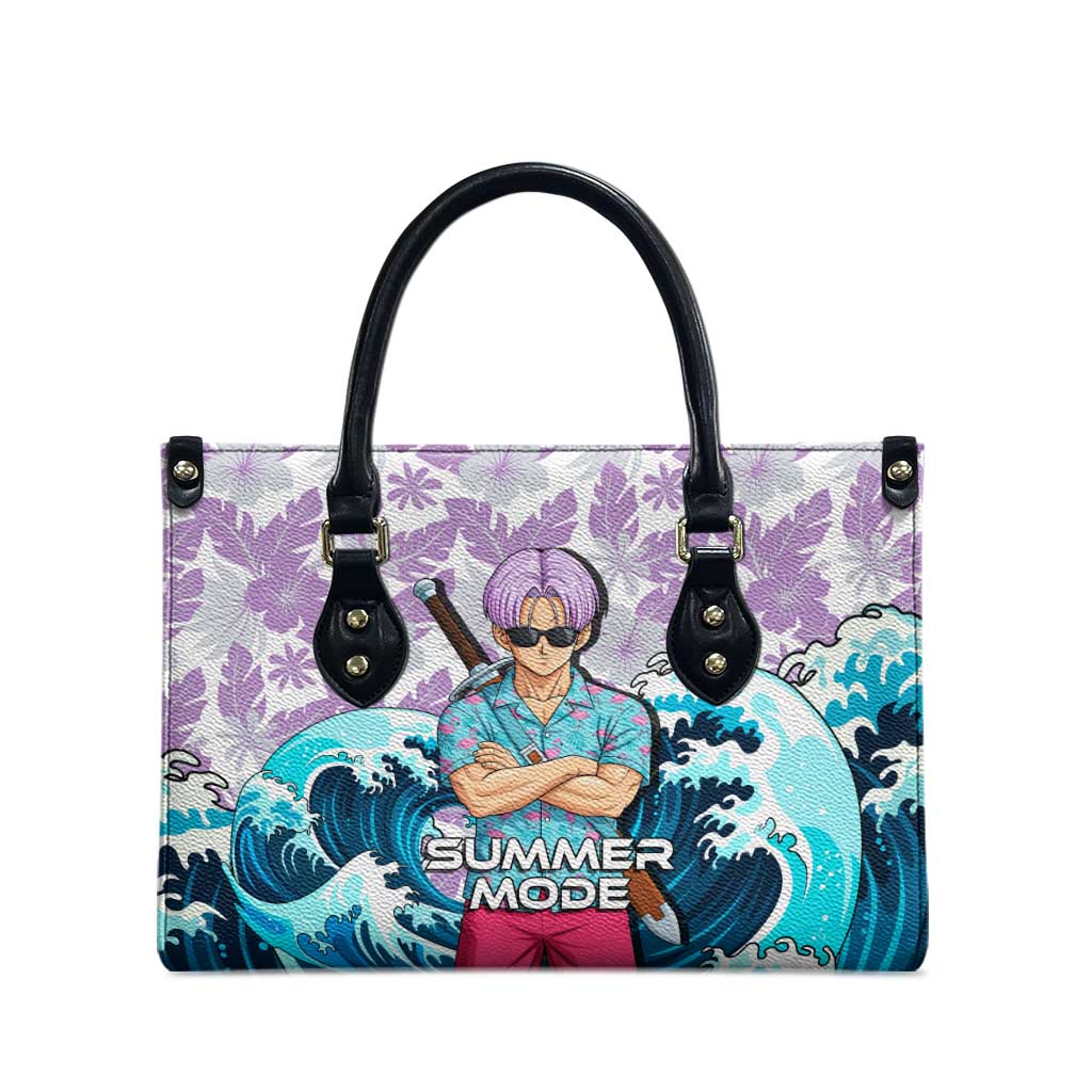 Trunks Dragon Ball Summer Theme Leather Bag with Sword Floral Shirt Sunglasses Shenron and Ocean Wave Background - The Mazicc