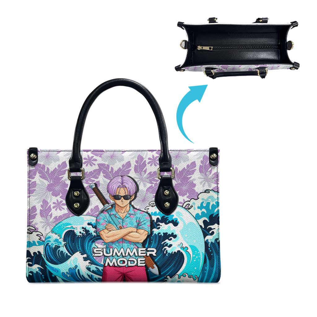 Trunks Dragon Ball Summer Theme Leather Bag with Sword Floral Shirt Sunglasses Shenron and Ocean Wave Background - The Mazicc