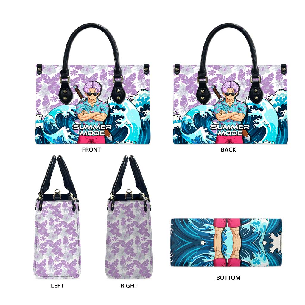 Trunks Dragon Ball Summer Theme Leather Bag with Sword Floral Shirt Sunglasses Shenron and Ocean Wave Background - The Mazicc