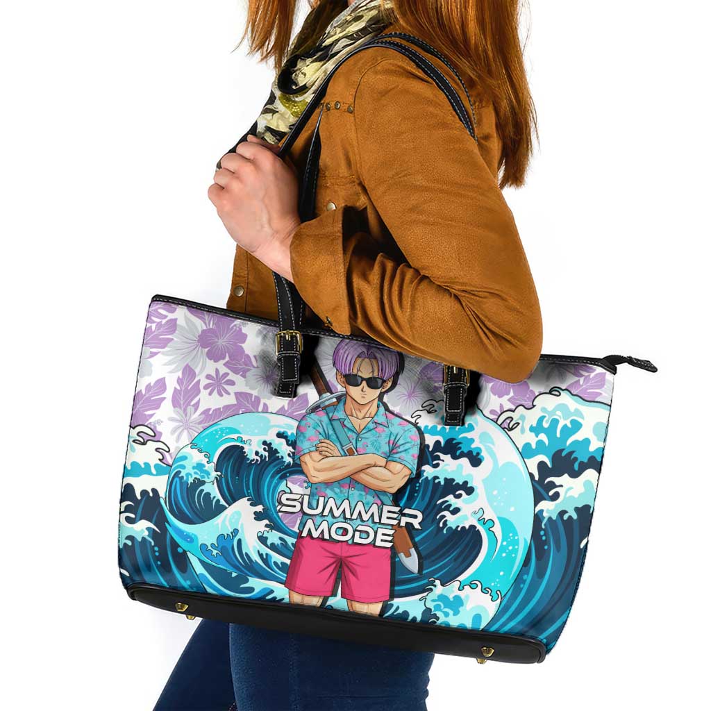 Trunks Dragon Ball Summer Theme Leather Tote Bag with Sword Floral Shirt Sunglasses Shenron and Ocean Wave Background - The Mazicc