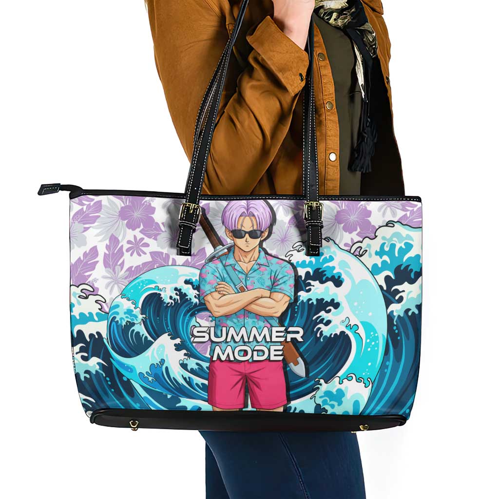 Trunks Dragon Ball Summer Theme Leather Tote Bag with Sword Floral Shirt Sunglasses Shenron and Ocean Wave Background - The Mazicc