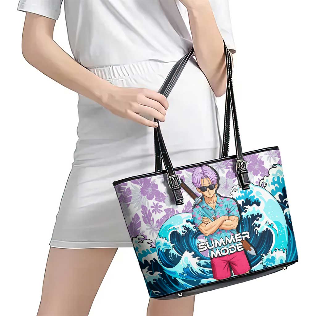 Trunks Dragon Ball Summer Theme Leather Tote Bag with Sword Floral Shirt Sunglasses Shenron and Ocean Wave Background - The Mazicc