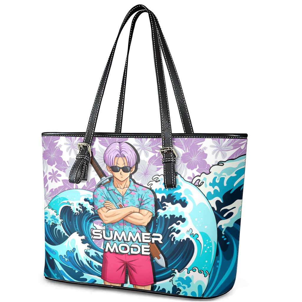 Trunks Dragon Ball Summer Theme Leather Tote Bag with Sword Floral Shirt Sunglasses Shenron and Ocean Wave Background - The Mazicc