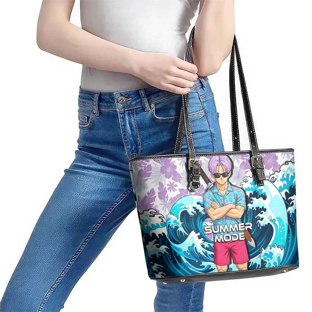 Trunks Dragon Ball Summer Theme Leather Tote Bag with Sword Floral Shirt Sunglasses Shenron and Ocean Wave Background - The Mazicc