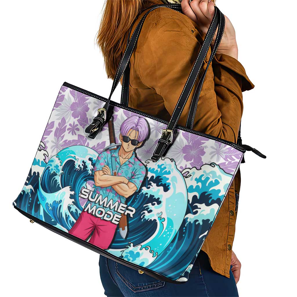 Trunks Dragon Ball Summer Theme Leather Tote Bag with Sword Floral Shirt Sunglasses Shenron and Ocean Wave Background - The Mazicc
