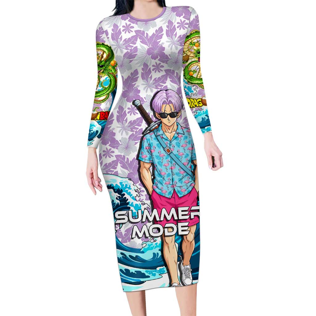 Trunks Dragon Ball Summer Theme Long Sleeve Bodycon Dress with Sword Floral Shirt Sunglasses Shenron and Ocean Wave Background - The Mazicc