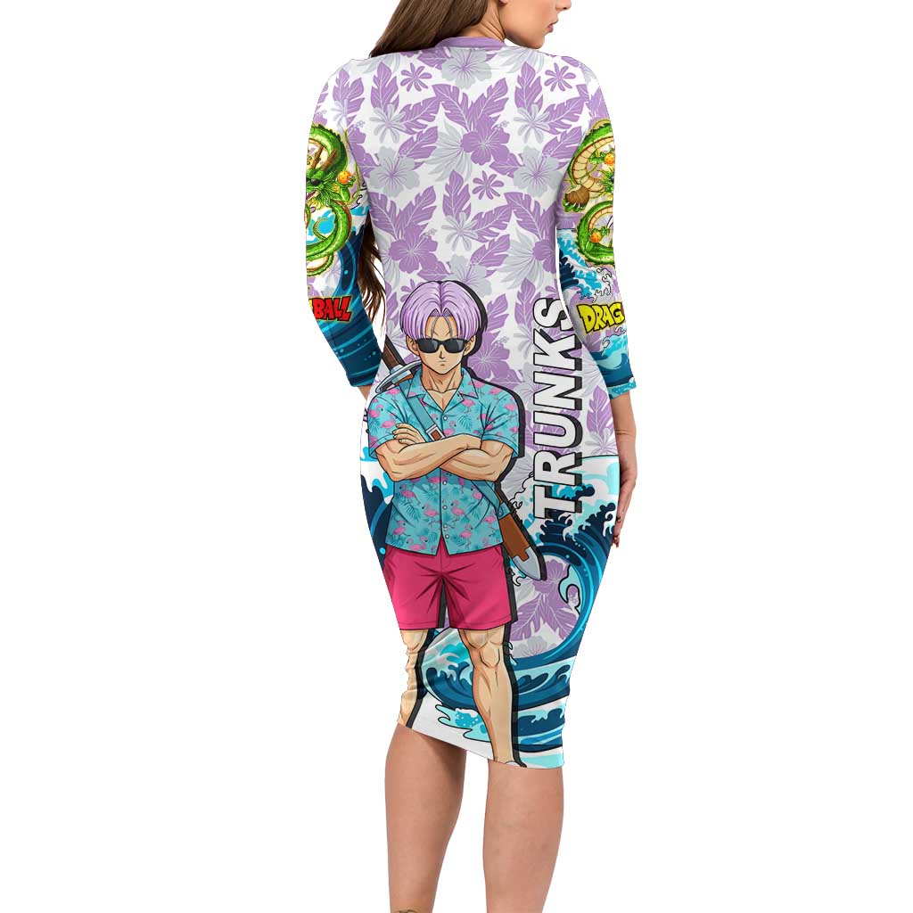 Trunks Dragon Ball Summer Theme Long Sleeve Bodycon Dress with Sword Floral Shirt Sunglasses Shenron and Ocean Wave Background - The Mazicc