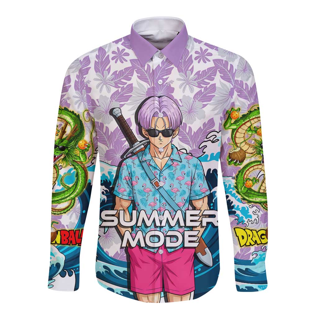 Trunks Dragon Ball Summer Theme Long Sleeve Button Shirt with Sword Floral Shirt Sunglasses Shenron and Ocean Wave Background - The Mazicc
