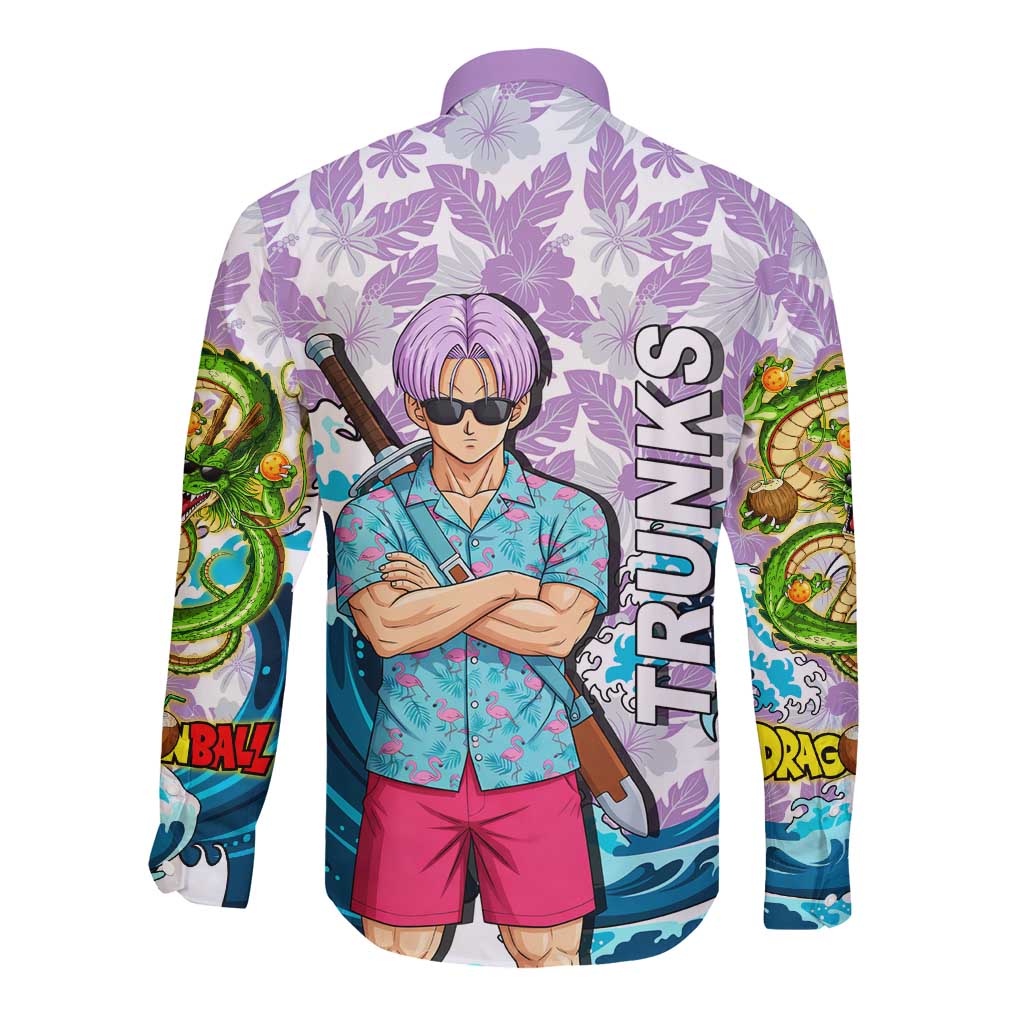 Trunks Dragon Ball Summer Theme Long Sleeve Button Shirt with Sword Floral Shirt Sunglasses Shenron and Ocean Wave Background - The Mazicc