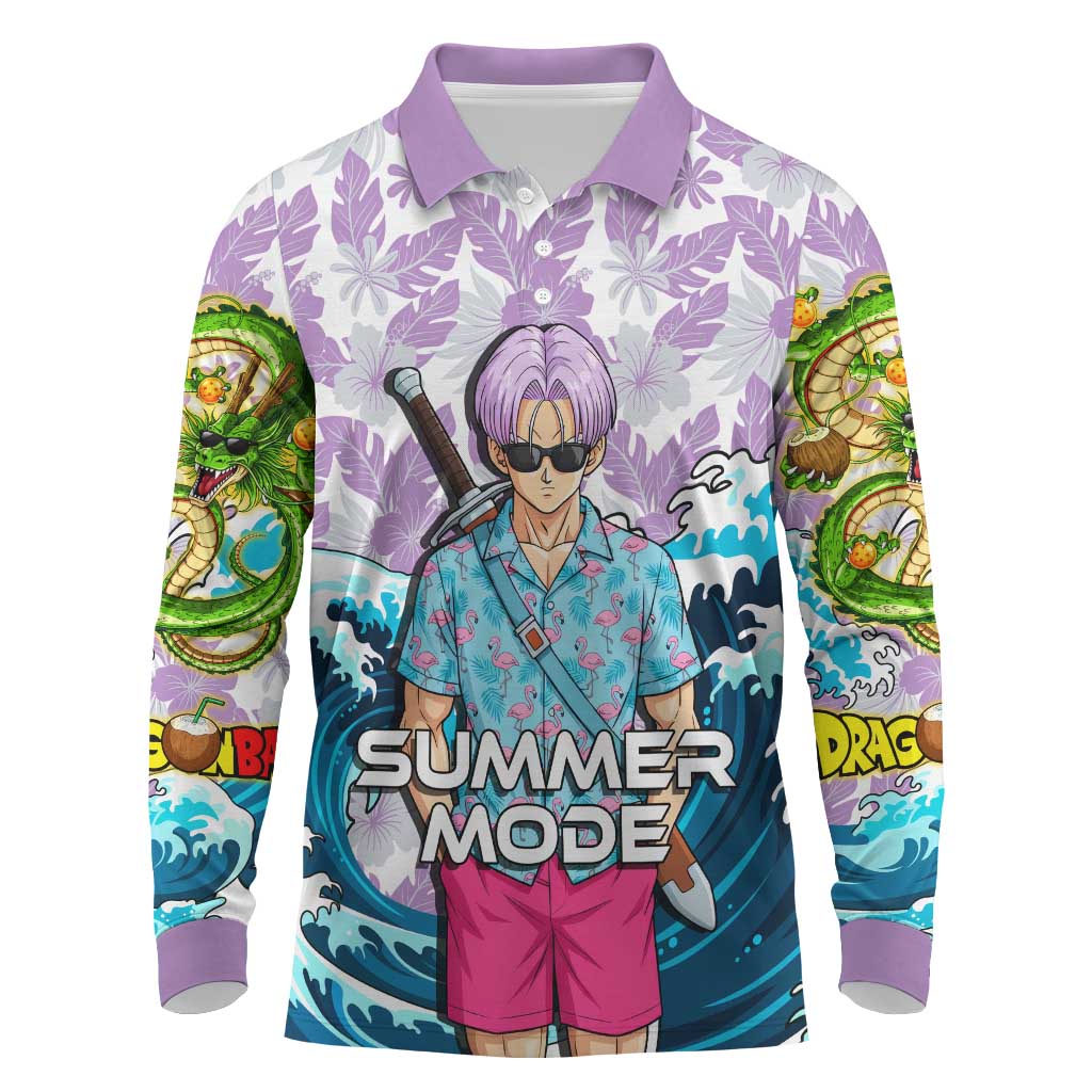 Trunks Dragon Ball Summer Theme Long Sleeve Polo Shirt with Sword Floral Shirt Sunglasses Shenron and Ocean Wave Background - The Mazicc