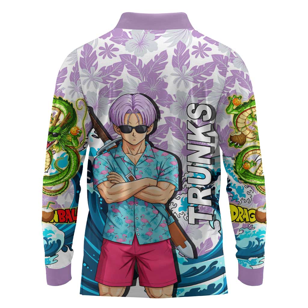 Trunks Dragon Ball Summer Theme Long Sleeve Polo Shirt with Sword Floral Shirt Sunglasses Shenron and Ocean Wave Background - The Mazicc