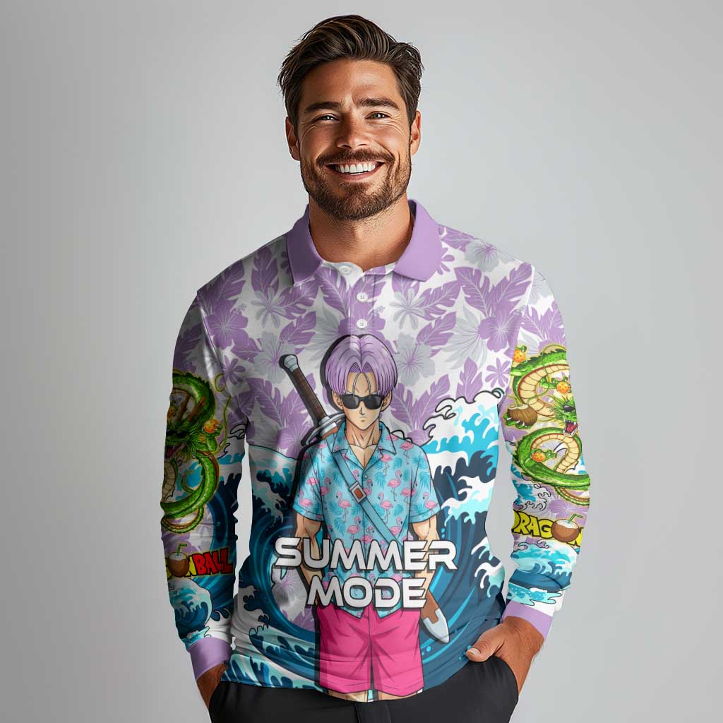 Trunks Dragon Ball Summer Theme Long Sleeve Polo Shirt with Sword Floral Shirt Sunglasses Shenron and Ocean Wave Background - The Mazicc