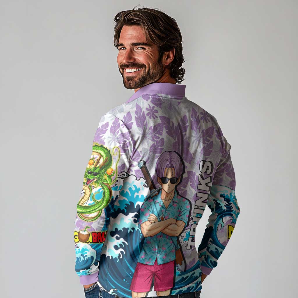 Trunks Dragon Ball Summer Theme Long Sleeve Polo Shirt with Sword Floral Shirt Sunglasses Shenron and Ocean Wave Background - The Mazicc