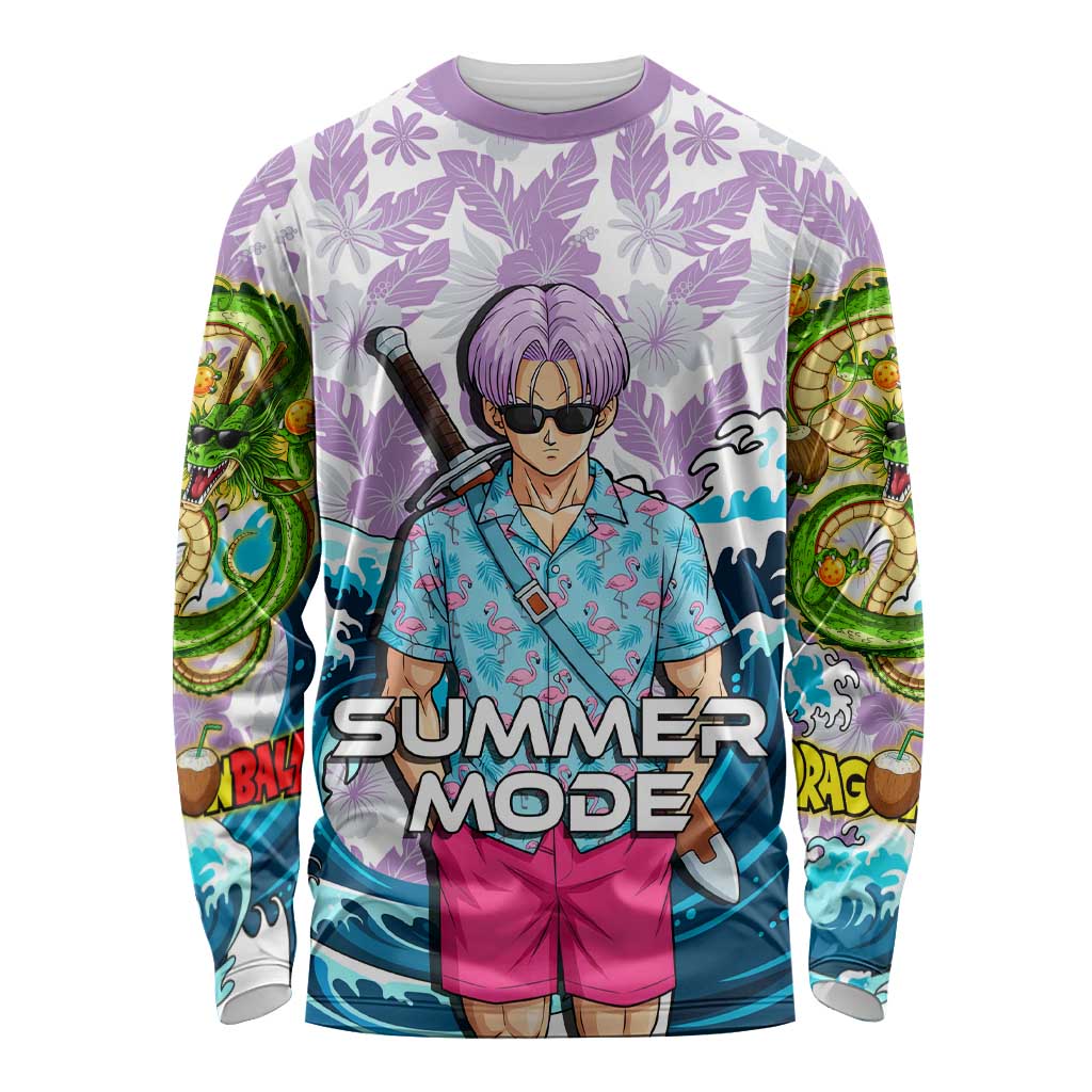 Trunks Dragon Ball Summer Theme Long Sleeve Shirt with Sword Floral Shirt Sunglasses Shenron and Ocean Wave Background - The Mazicc