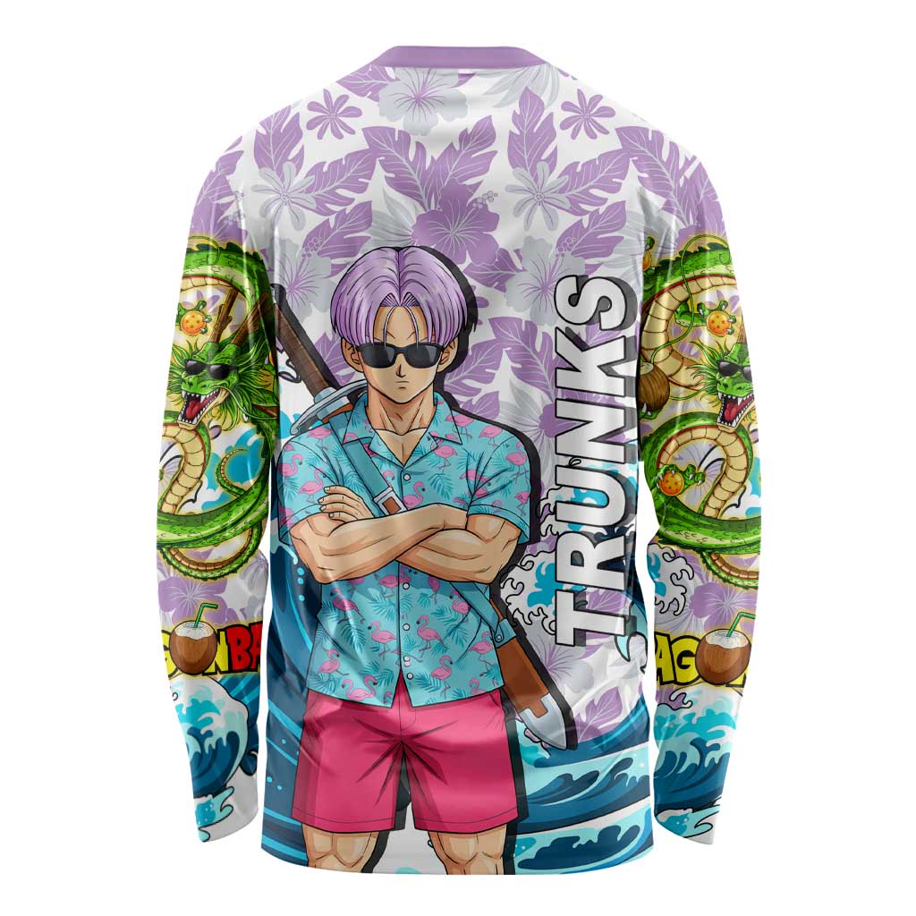 Trunks Dragon Ball Summer Theme Long Sleeve Shirt with Sword Floral Shirt Sunglasses Shenron and Ocean Wave Background - The Mazicc