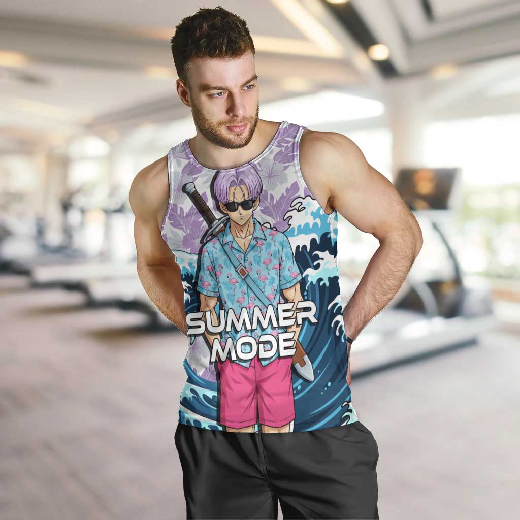 Trunks Dragon Ball Summer Theme Men Tank Top with Sword Floral Shirt Sunglasses Shenron and Ocean Wave Background - The Mazicc