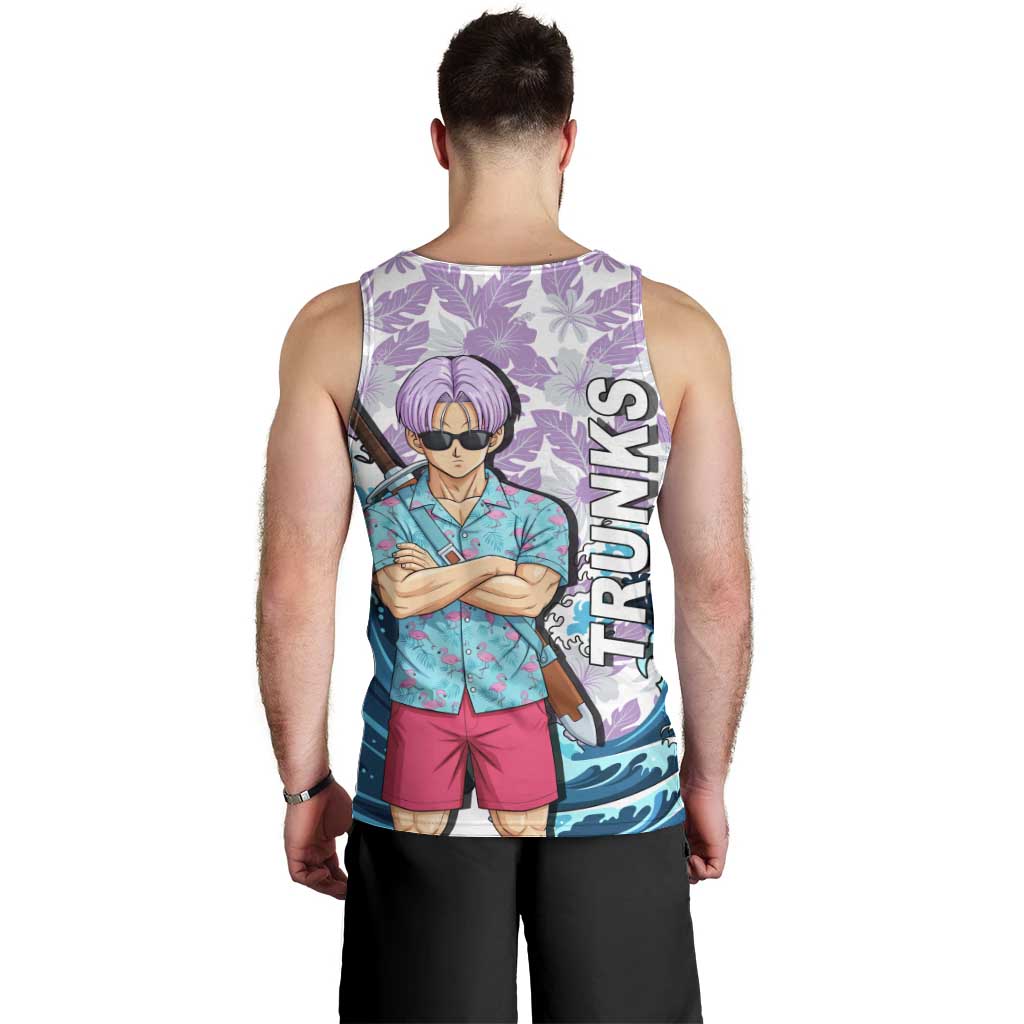 Trunks Dragon Ball Summer Theme Men Tank Top with Sword Floral Shirt Sunglasses Shenron and Ocean Wave Background - The Mazicc