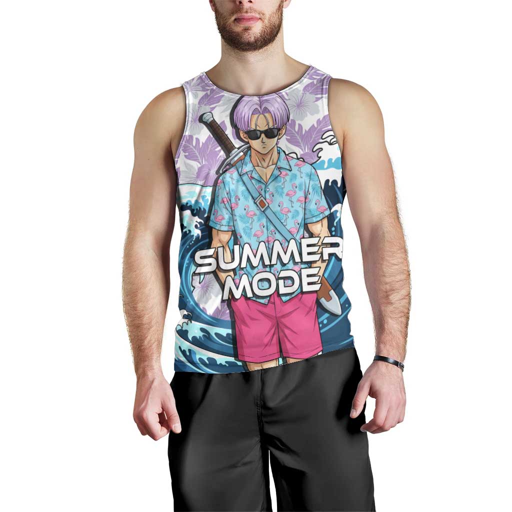 Trunks Dragon Ball Summer Theme Men Tank Top with Sword Floral Shirt Sunglasses Shenron and Ocean Wave Background - The Mazicc