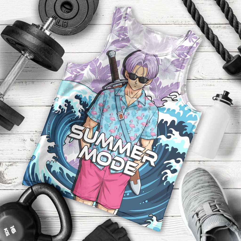 Trunks Dragon Ball Summer Theme Men Tank Top with Sword Floral Shirt Sunglasses Shenron and Ocean Wave Background - The Mazicc
