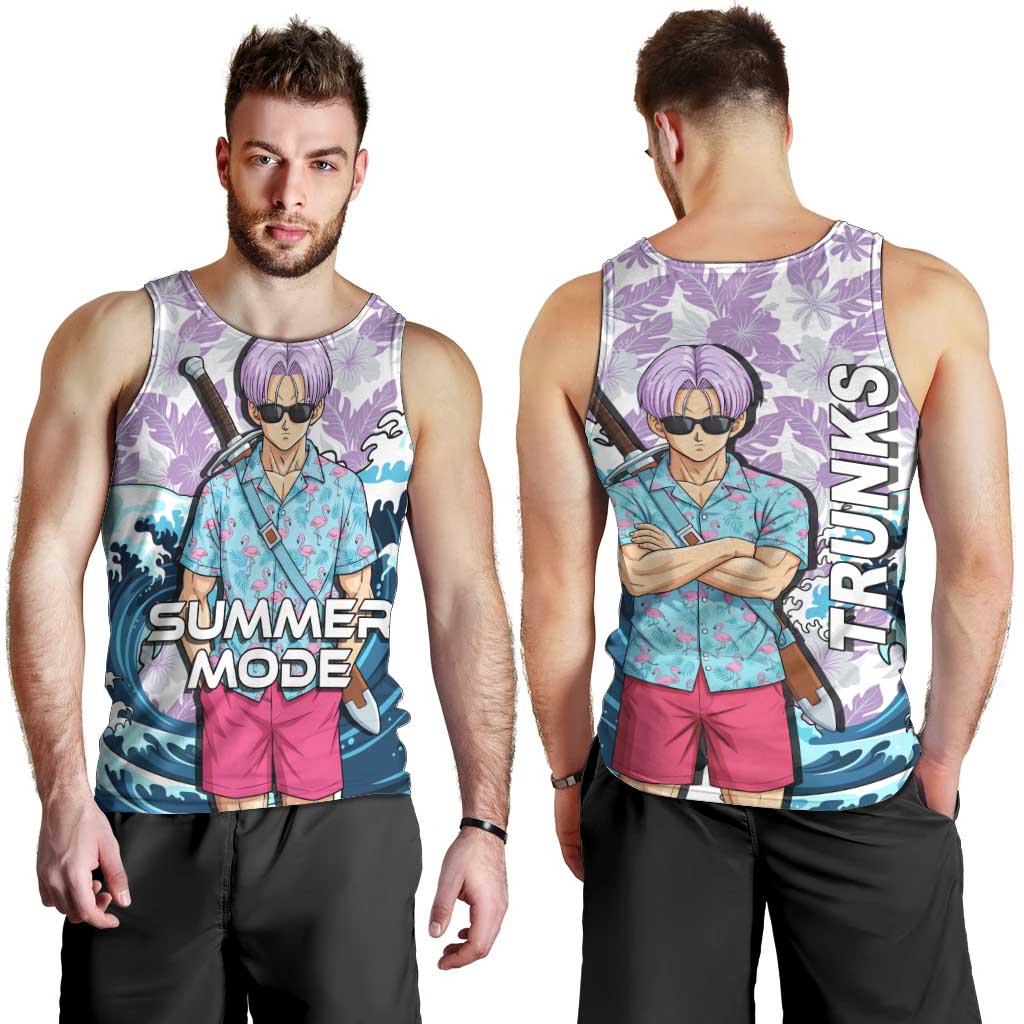 Trunks Dragon Ball Summer Theme Men Tank Top with Sword Floral Shirt Sunglasses Shenron and Ocean Wave Background - The Mazicc