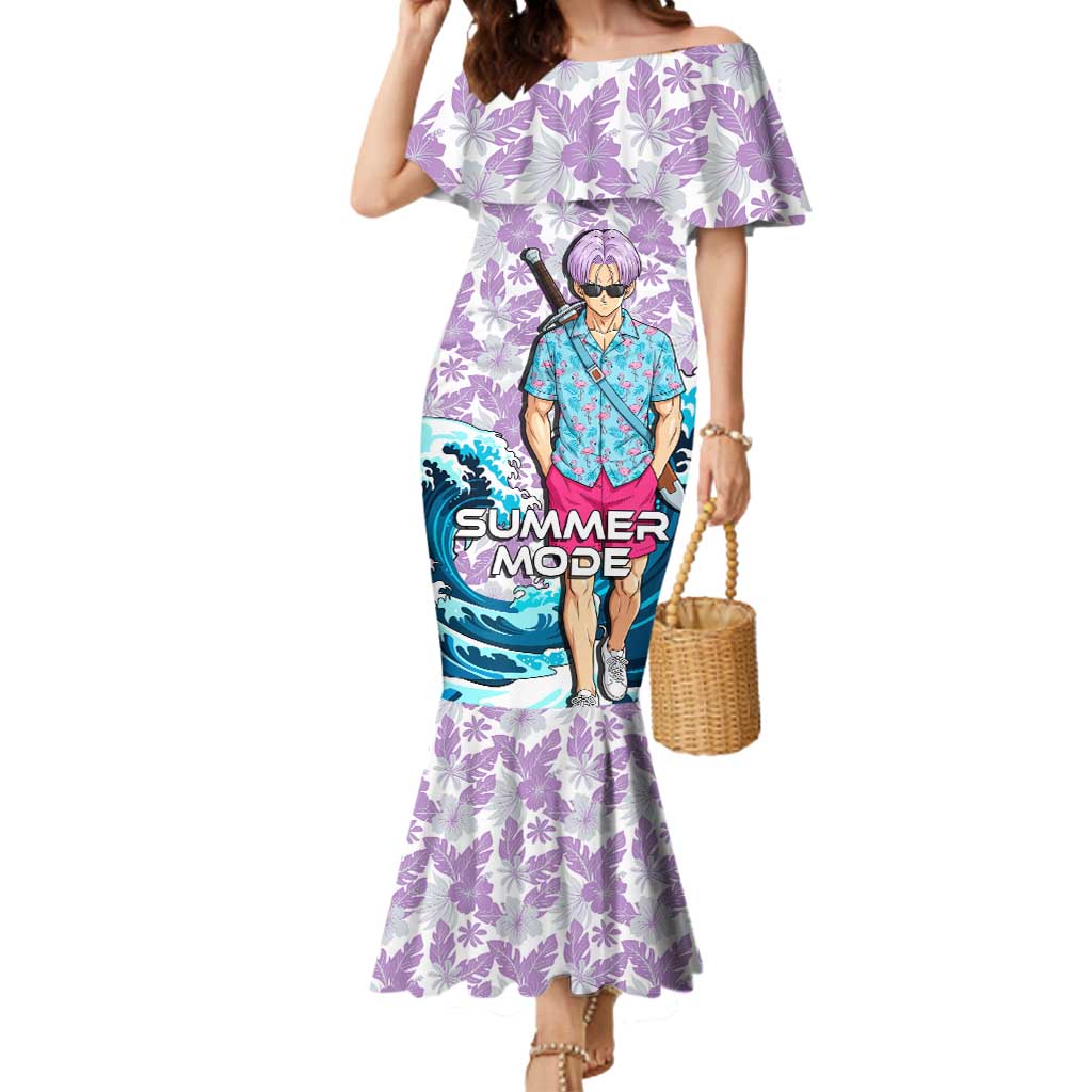 Trunks Dragon Ball Summer Theme Mermaid Dress with Sword Floral Shirt Sunglasses Shenron and Ocean Wave Background - The Mazicc