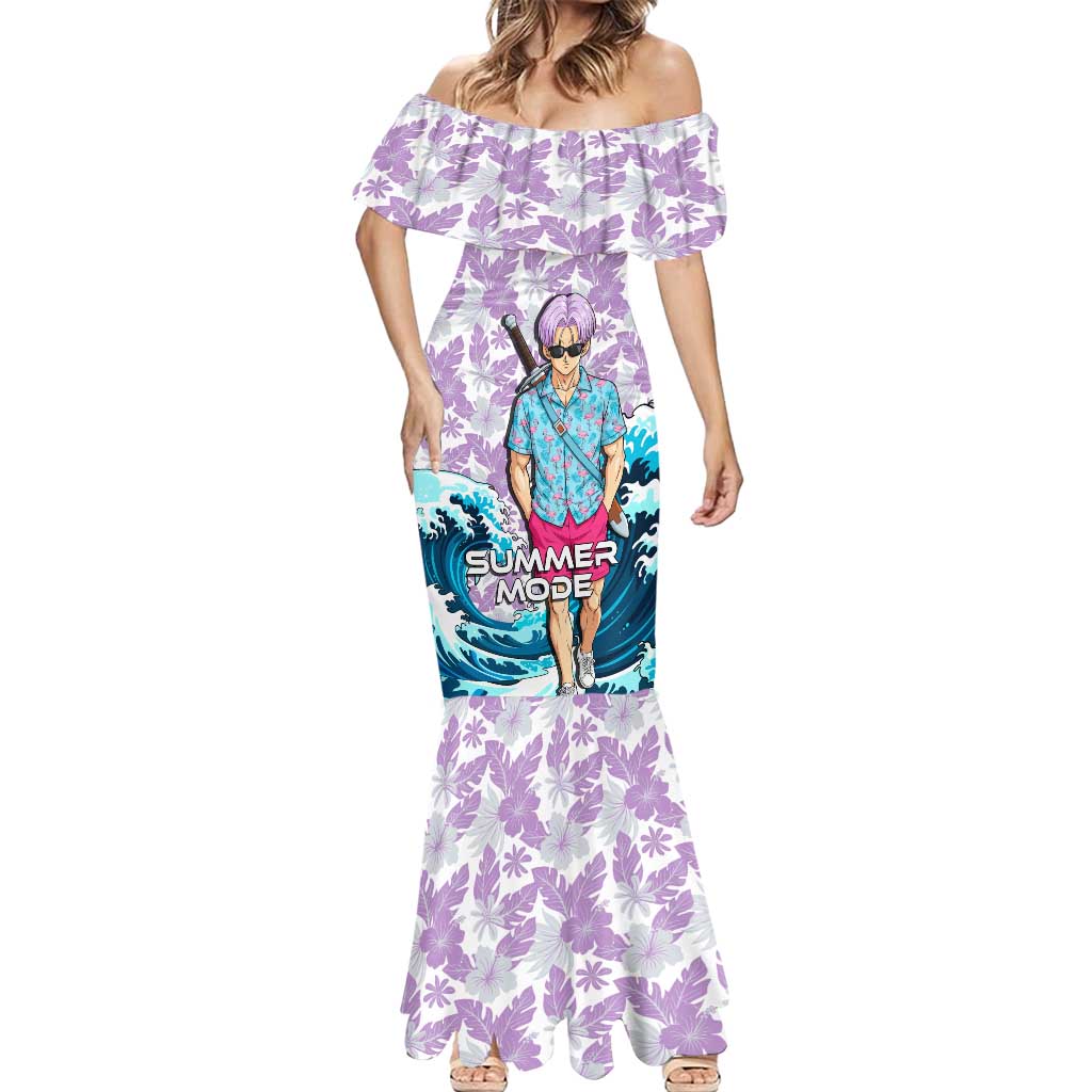 Trunks Dragon Ball Summer Theme Mermaid Dress with Sword Floral Shirt Sunglasses Shenron and Ocean Wave Background - The Mazicc