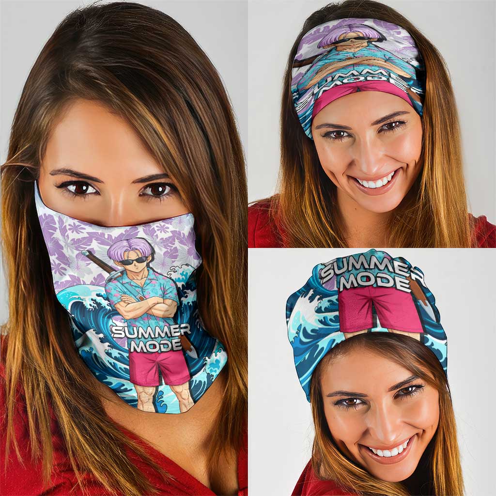 Trunks Dragon Ball Summer Theme Neck Gaiter with Sword Floral Shirt Sunglasses Shenron and Ocean Wave Background - The Mazicc