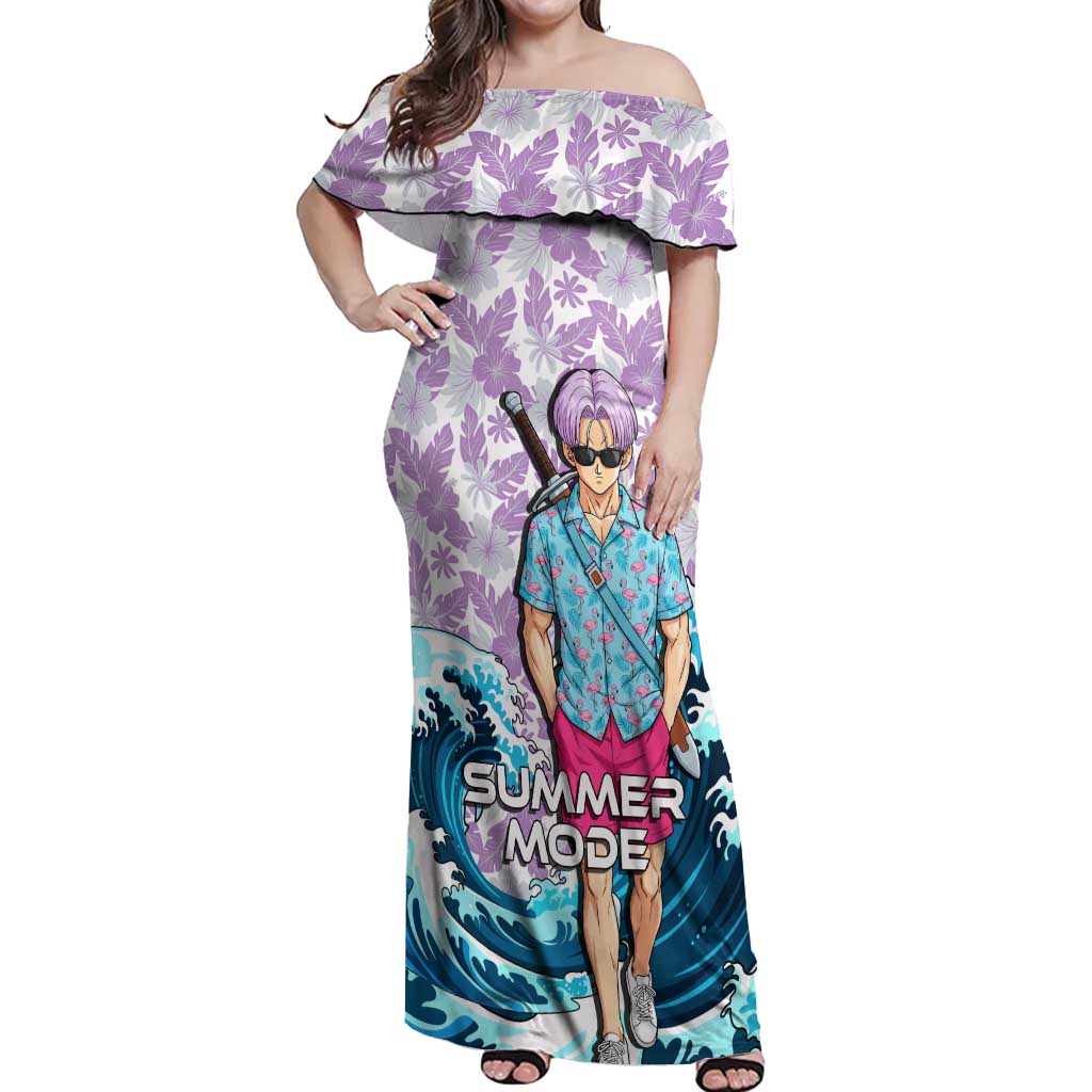 Trunks Dragon Ball Summer Theme Off Shoulder Maxi Dress with Sword Floral Shirt Sunglasses Shenron and Ocean Wave Background - The Mazicc
