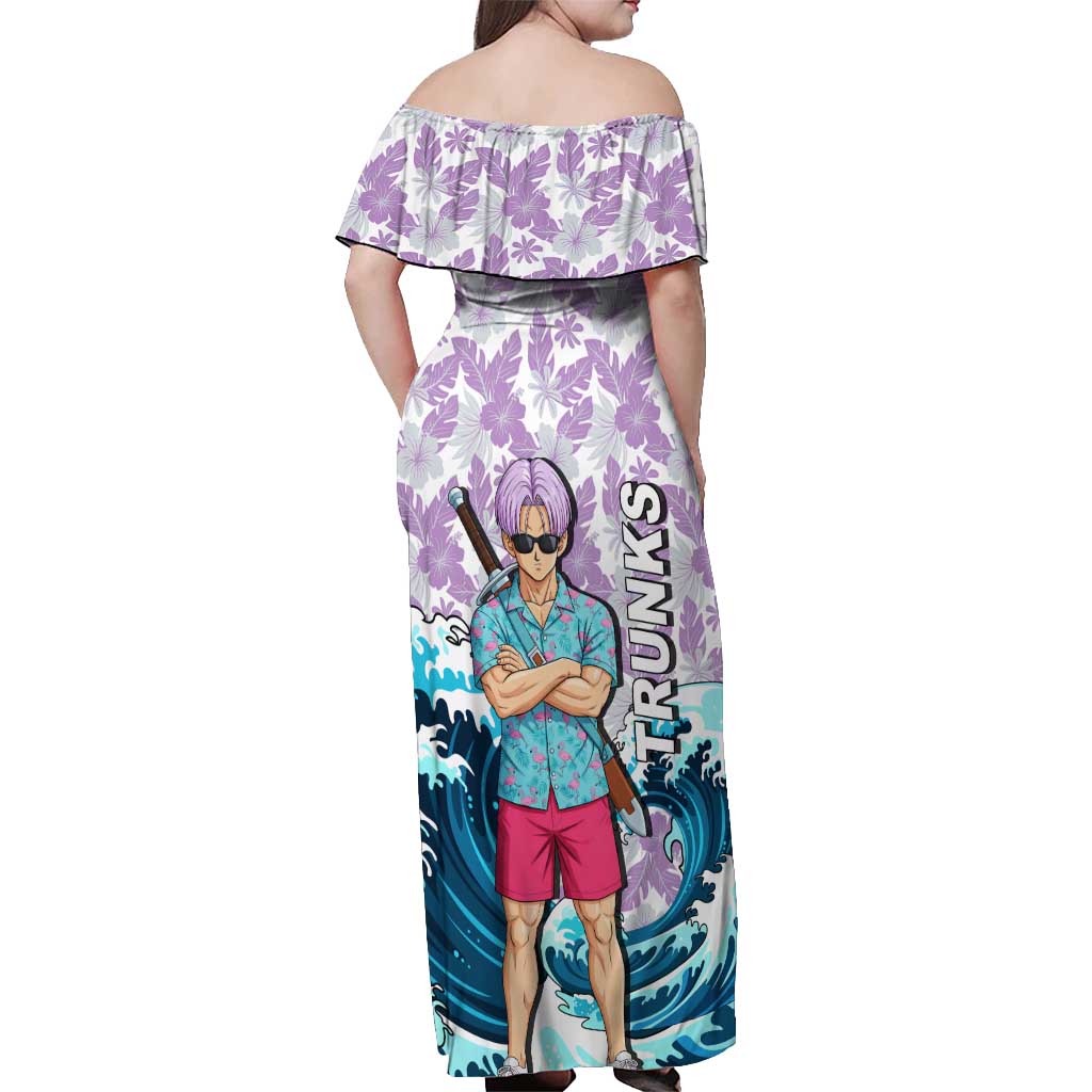 Trunks Dragon Ball Summer Theme Off Shoulder Maxi Dress with Sword Floral Shirt Sunglasses Shenron and Ocean Wave Background - The Mazicc